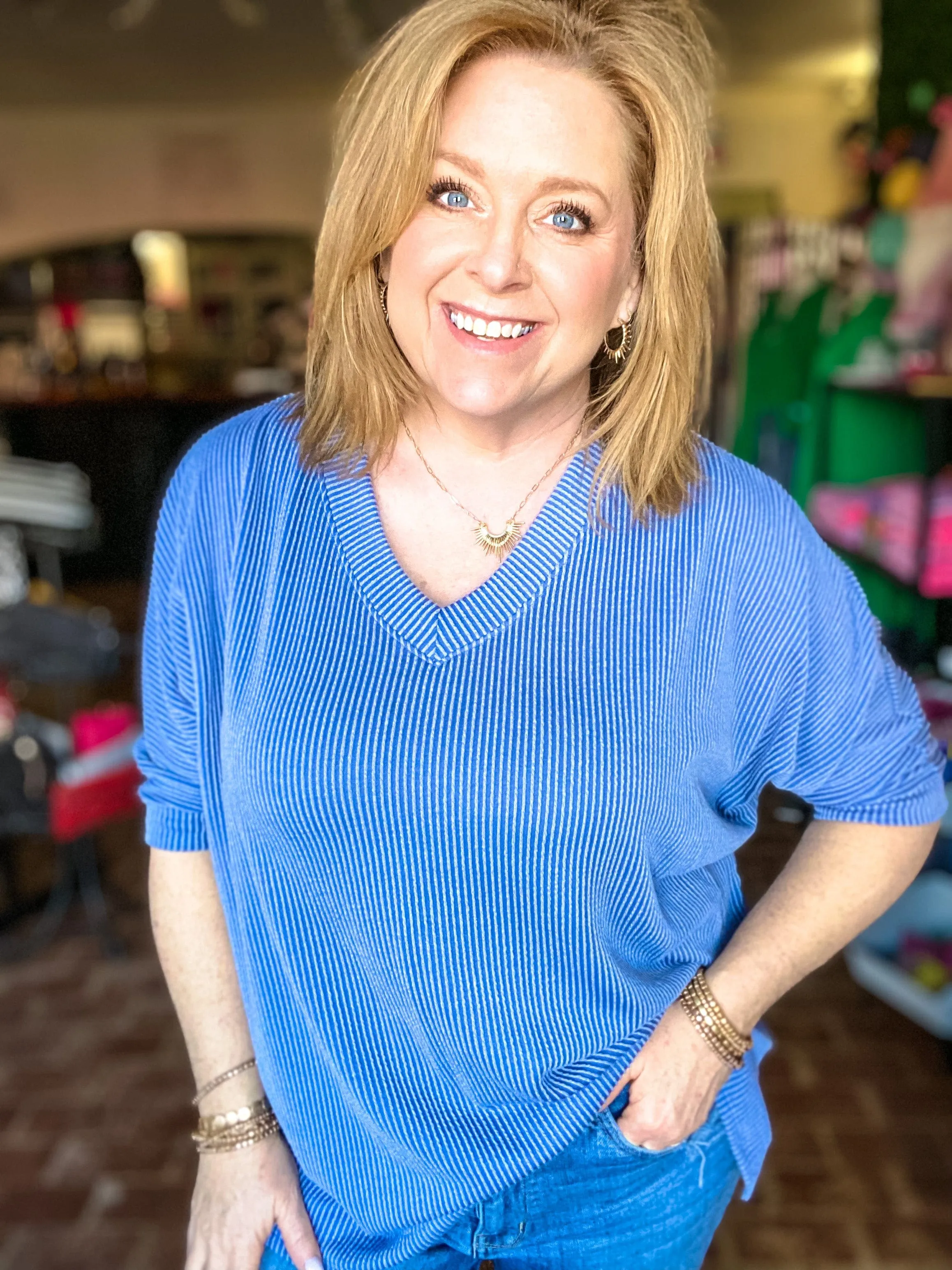 Oversized Blue V-Neck Ribbed T-Shirt