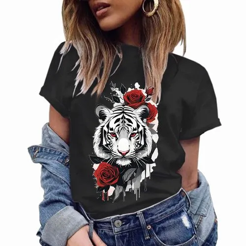 Rose Tiger Women's Short Sleeve T-Shirt - Streetwear with Printing