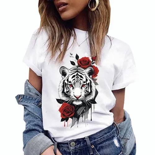 Rose Tiger Women's Short Sleeve T-Shirt - Streetwear with Printing