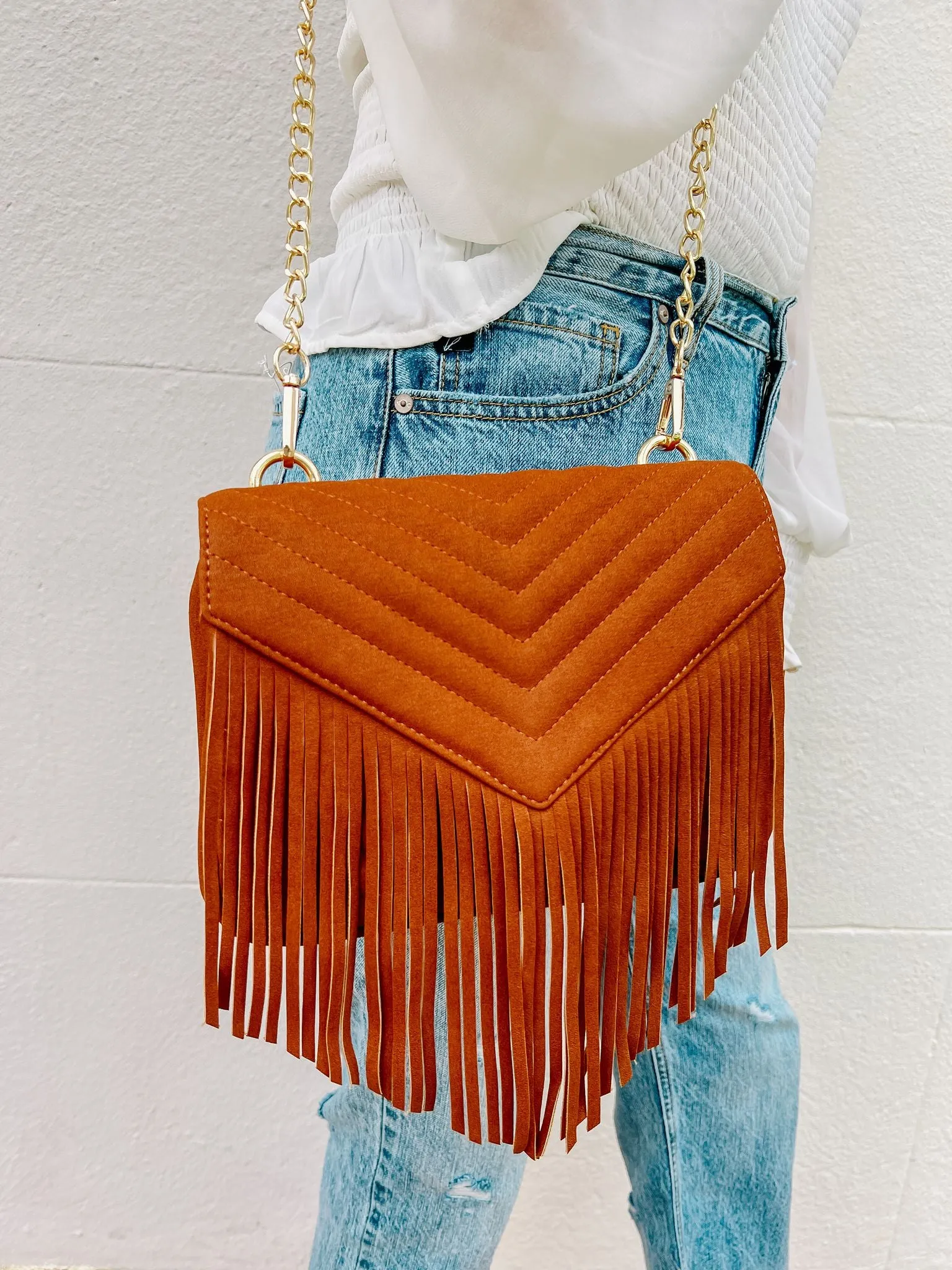 Russel Quilted Crossbody Fringe Camel