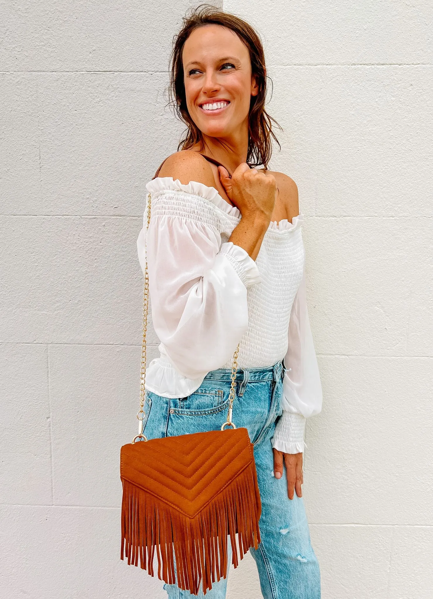 Russel Quilted Crossbody Fringe Camel