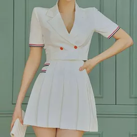 Short-Sleeve Cropped Blazer High Waist Pleated Mini A-Line Skirt EE24