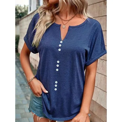 Short Sleeve Women's T-shirt - Patchwork Button Casual Solid Color