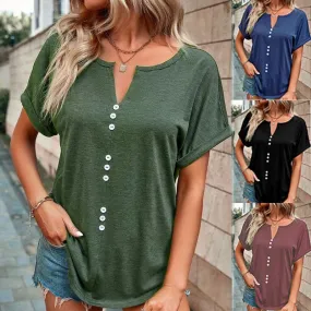 Short Sleeve Women's T-shirt - Patchwork Button Casual Solid Color