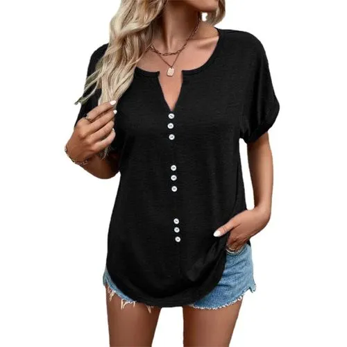 Short Sleeve Women's T-shirt - Patchwork Button Casual Solid Color