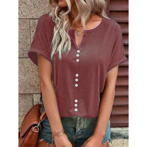 Short Sleeve Women's T-shirt - Patchwork Button Casual Solid Color