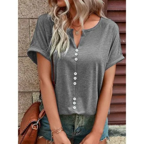 Short Sleeve Women's T-shirt - Patchwork Button Casual Solid Color