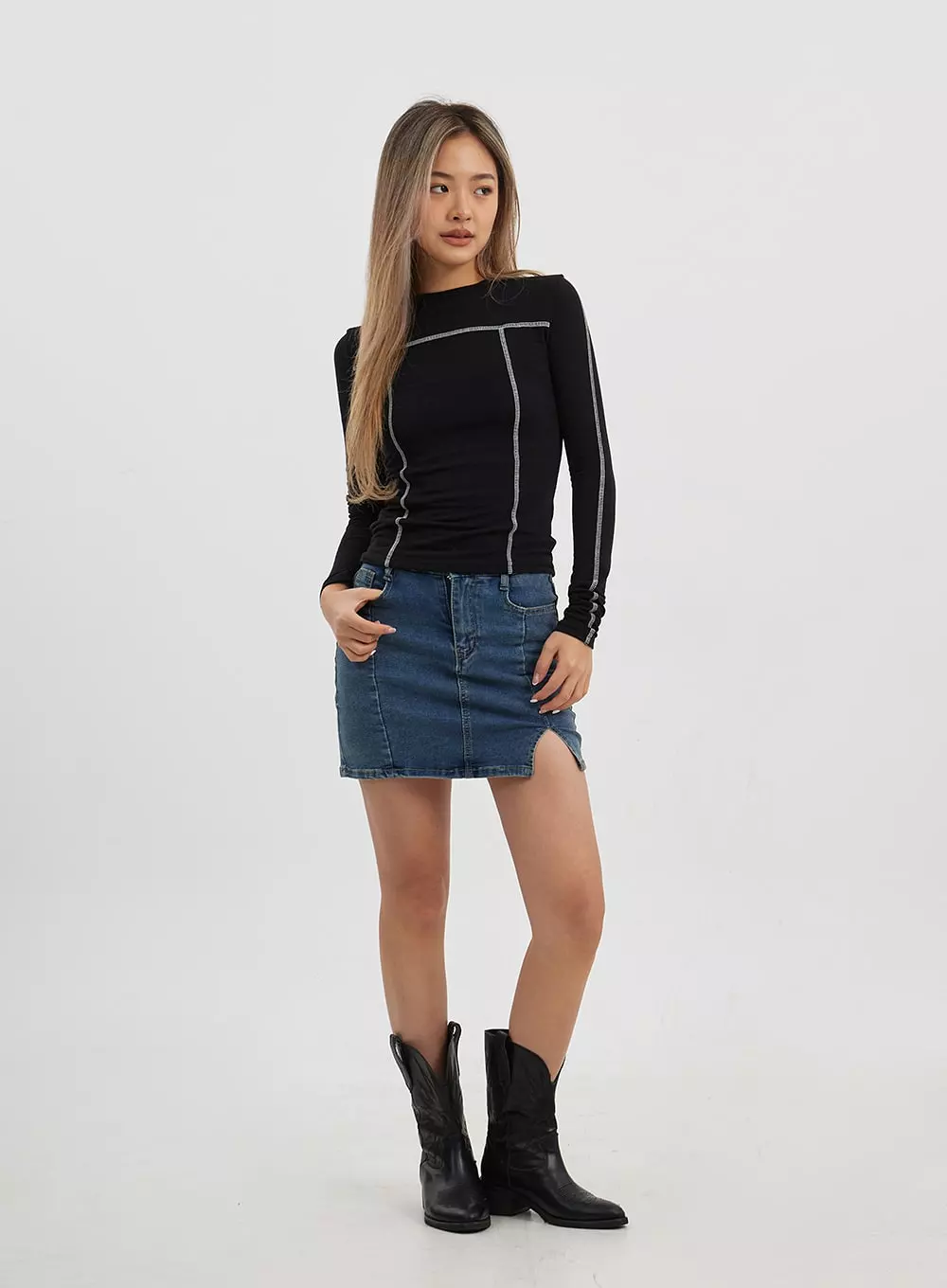 Side Slit Denim Skirt