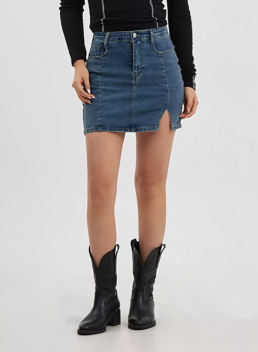 Side Slit Denim Skirt