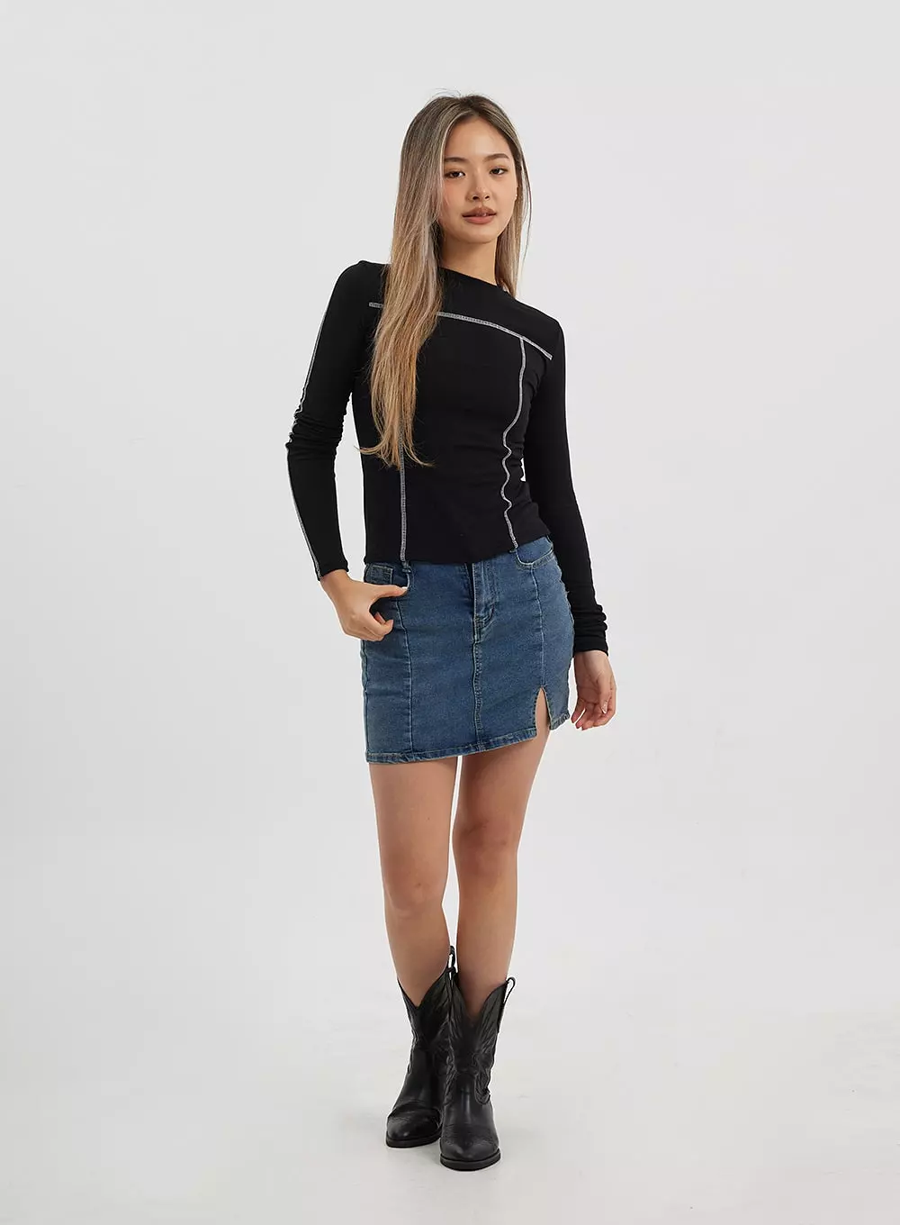 Side Slit Denim Skirt