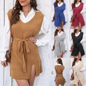 Sleeveless Sweater Vest for Women - Streetwear, Belted, Solid Color