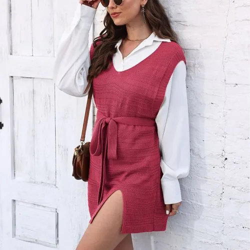 Sleeveless Sweater Vest for Women - Streetwear, Belted, Solid Color