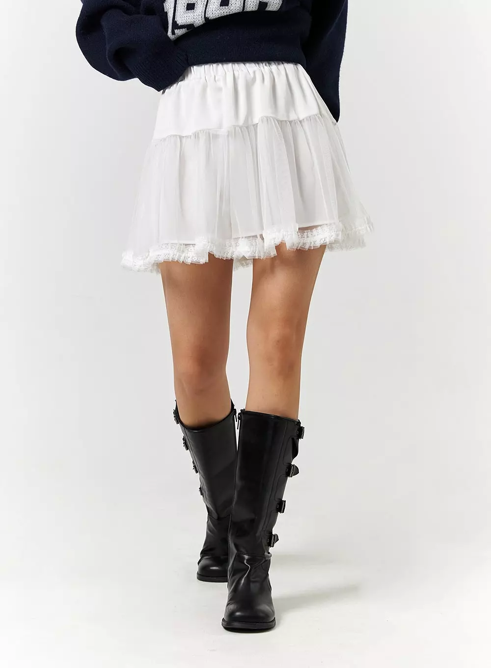 Solid Lace Trim Ruffle Mini Skirt - Mid Waist - CD328