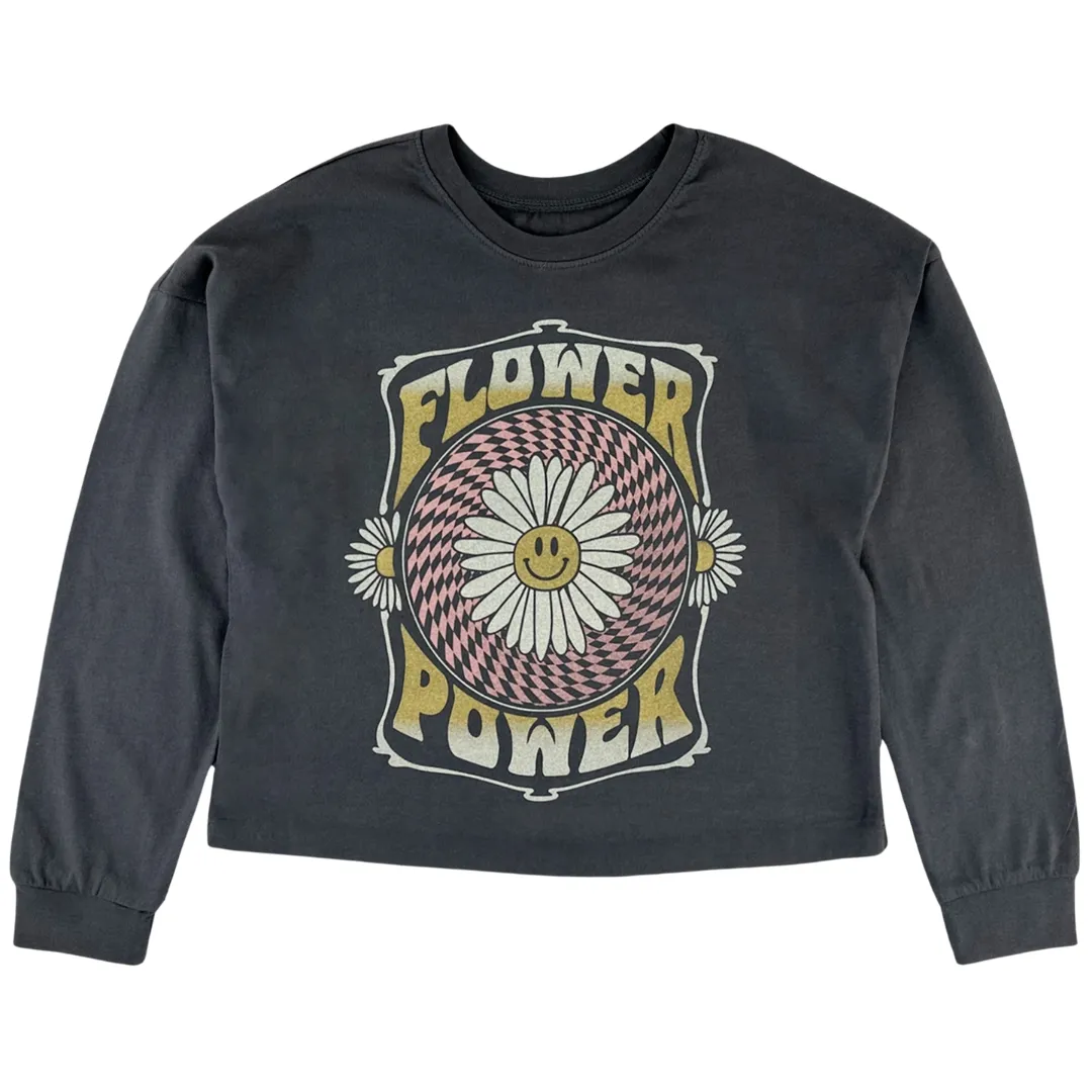 Tiny Whales Stay Flower Power Long Sleeve Tee Faded Black