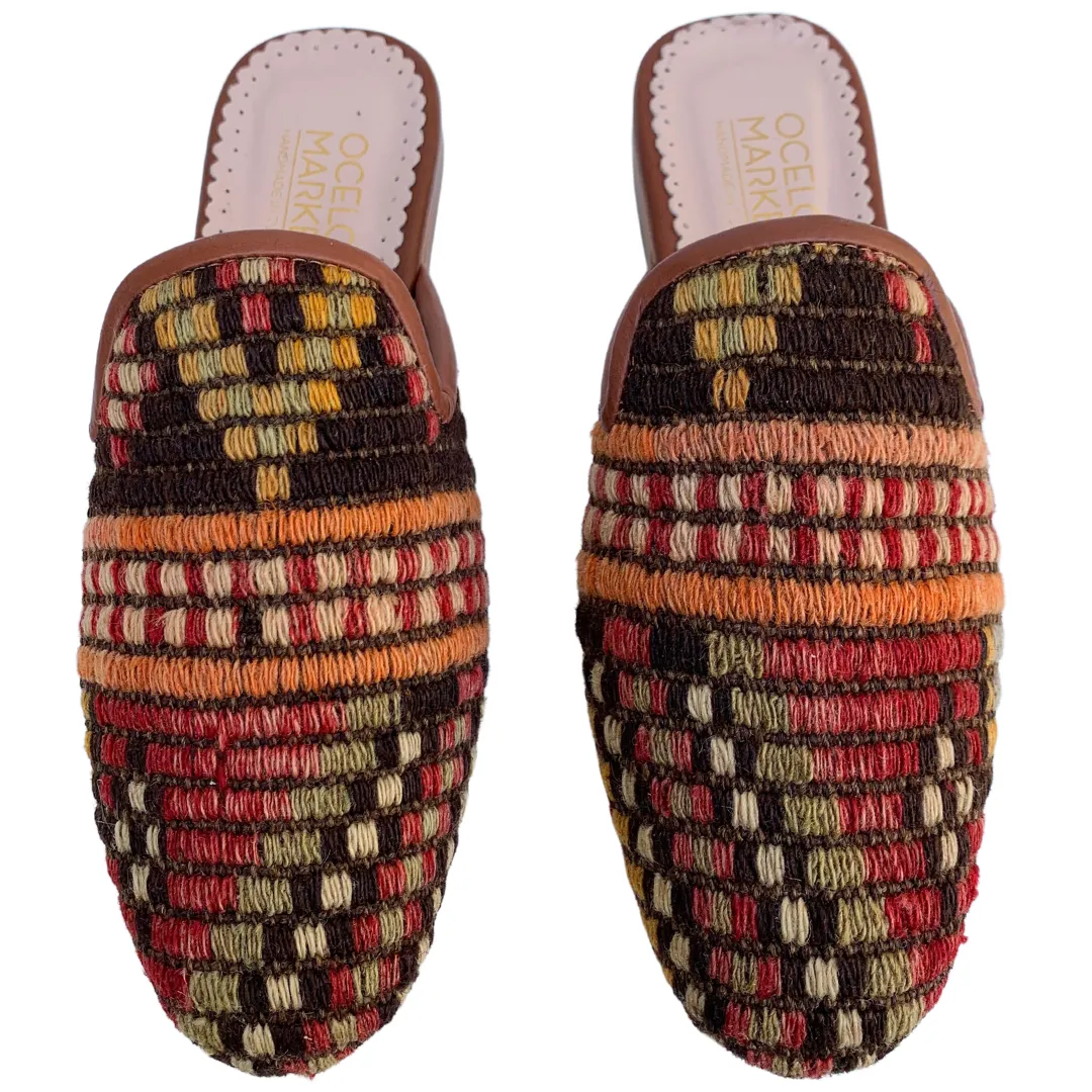 Turkish Kilim Mules for Women | Multicolor Red Pattern