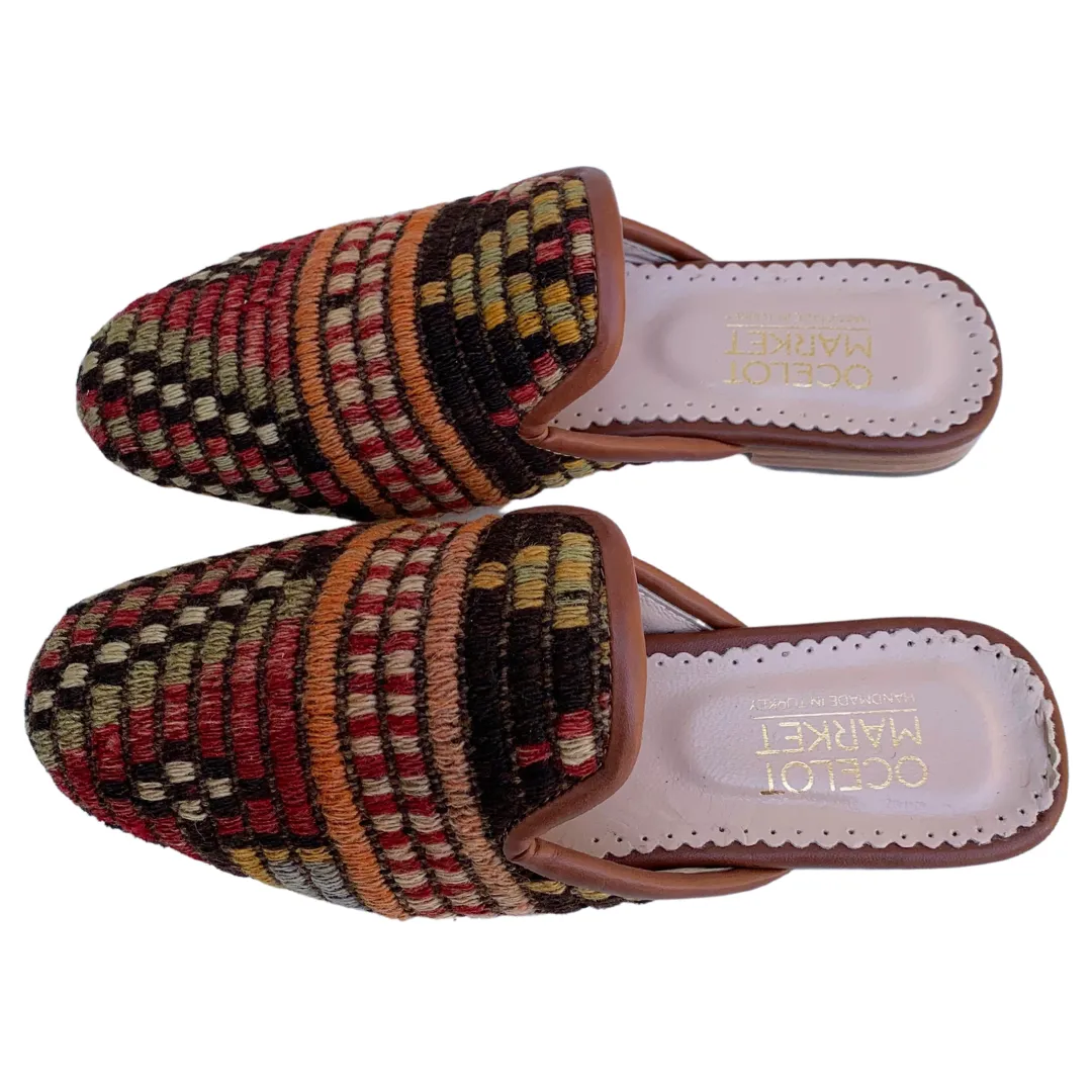 Turkish Kilim Mules for Women | Multicolor Red Pattern