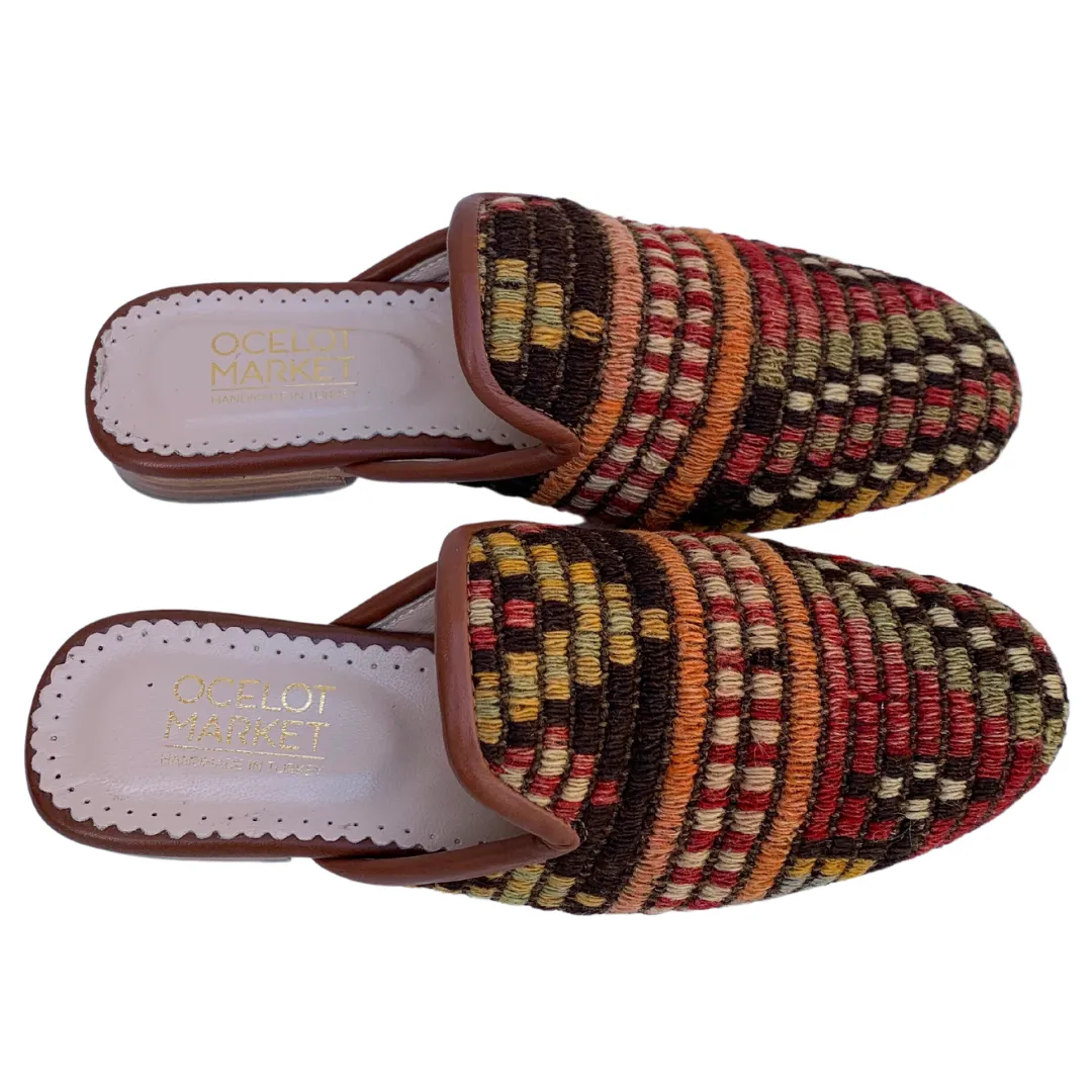 Turkish Kilim Mules for Women | Multicolor Red Pattern