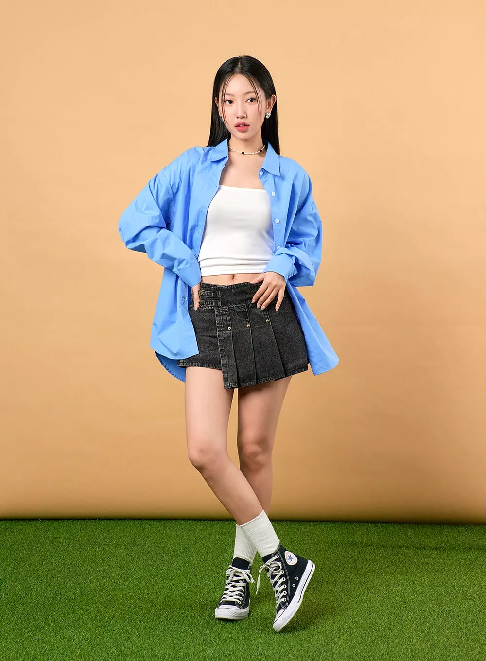 Unbalanced Pleated Denim Mini Skirt (IJ430)