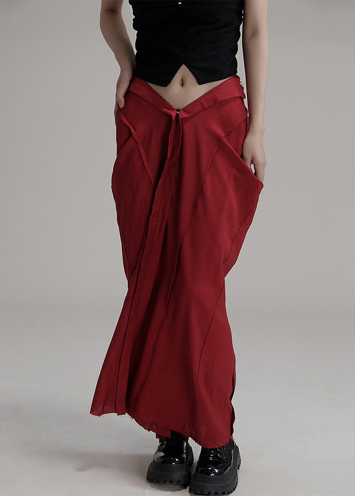 Unique Red Cotton Maxi Skirts with Asymmetrical Pockets for Summer - AB1039