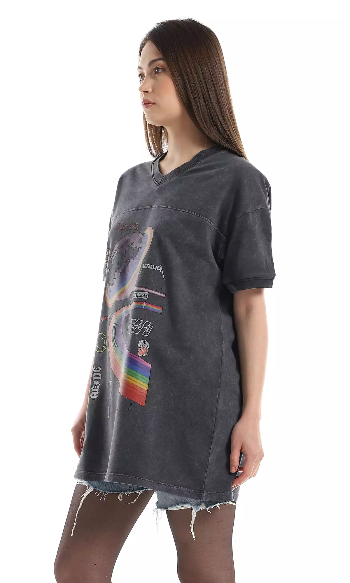 V-Neck Printed Loose Slip On T-Shirt in Heather Black