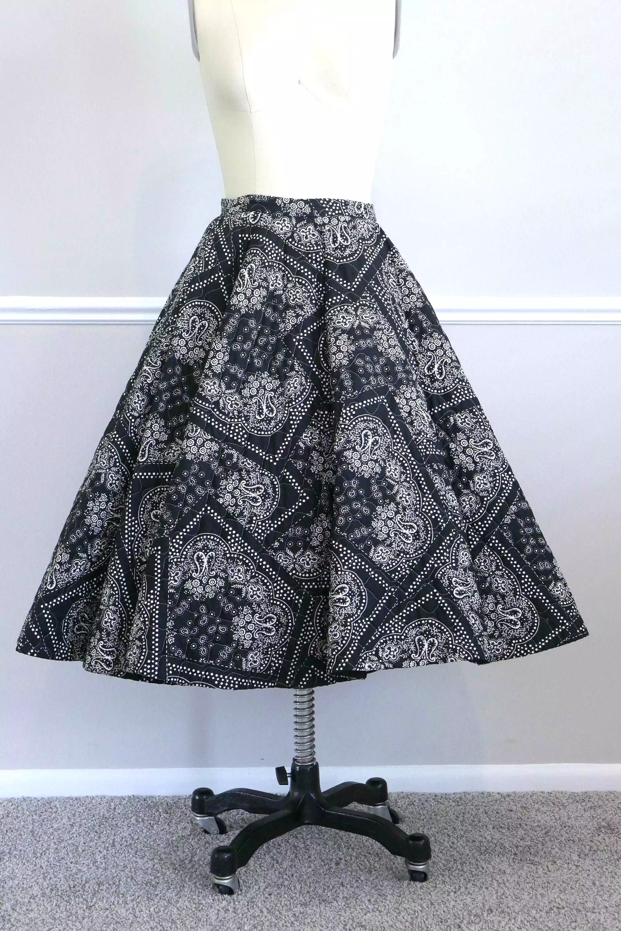 Vintage 1950s Hanky Print Quilted Circle Skirt - ON SALE | Navy Blue Fit and Flare Skirt - Size S