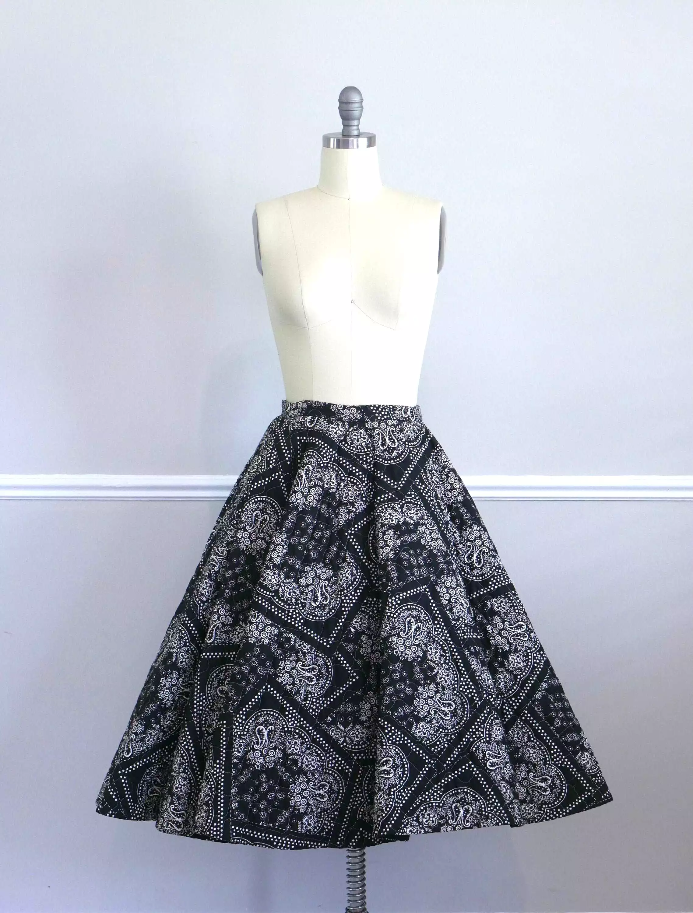 Vintage 1950s Hanky Print Quilted Circle Skirt - ON SALE | Navy Blue Fit and Flare Skirt - Size S