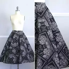 Vintage 1950s Hanky Print Quilted Circle Skirt - ON SALE | Navy Blue Fit and Flare Skirt - Size S