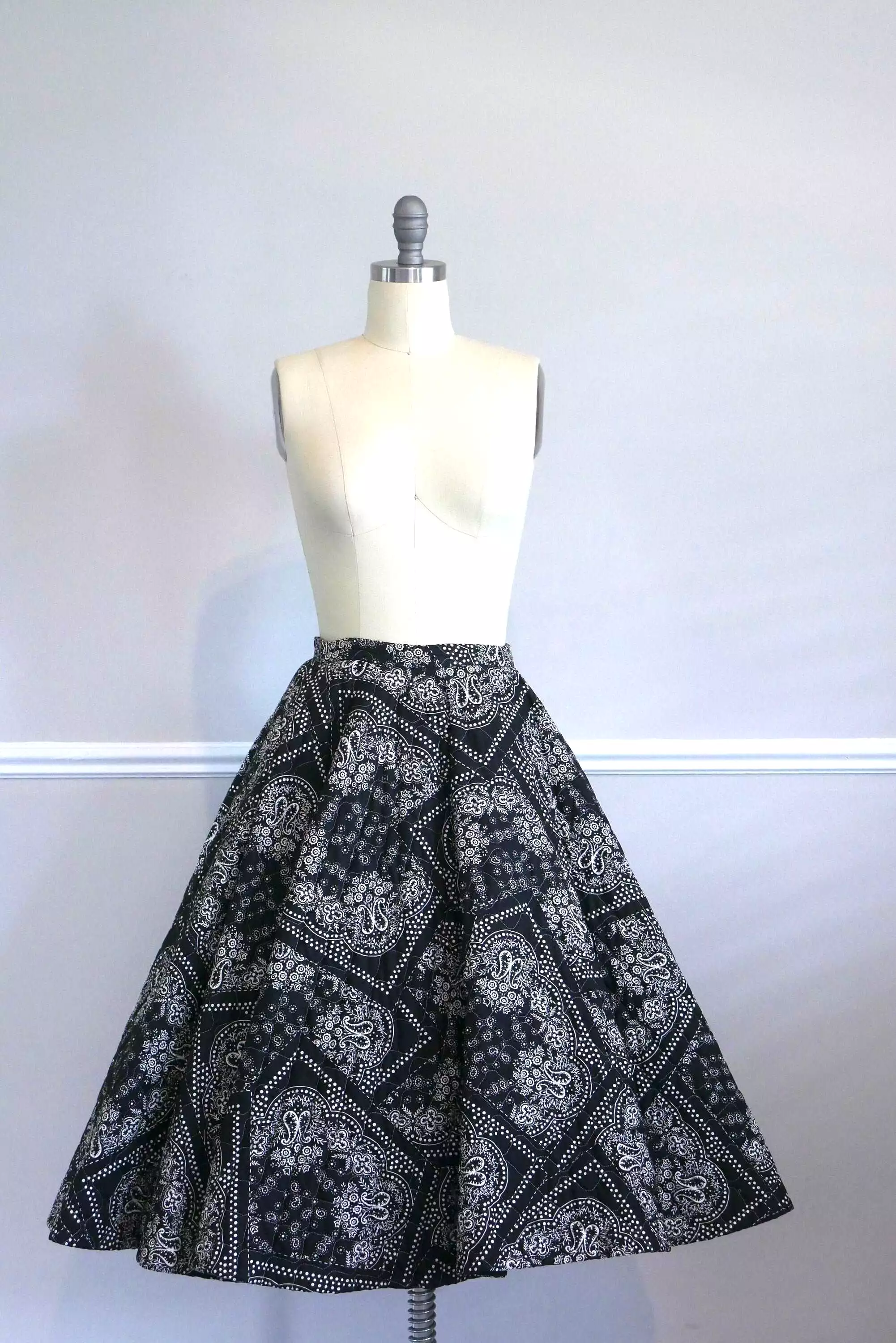 Vintage 1950s Hanky Print Quilted Circle Skirt - ON SALE | Navy Blue Fit and Flare Skirt - Size S