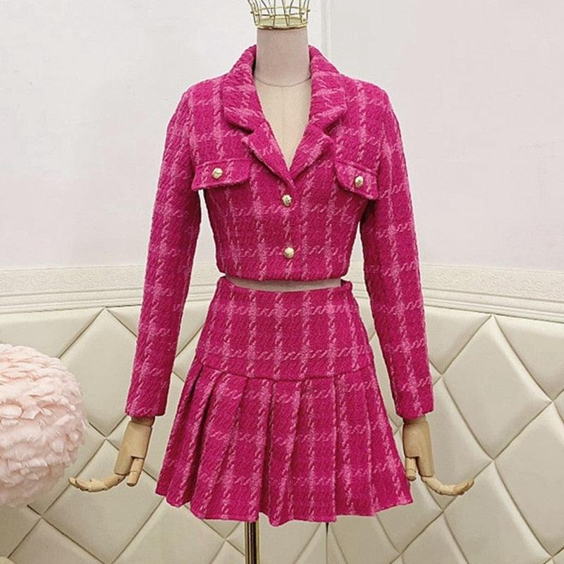 Vintage Woolen Tweed Jacket Coat and Mini Skirts Set.