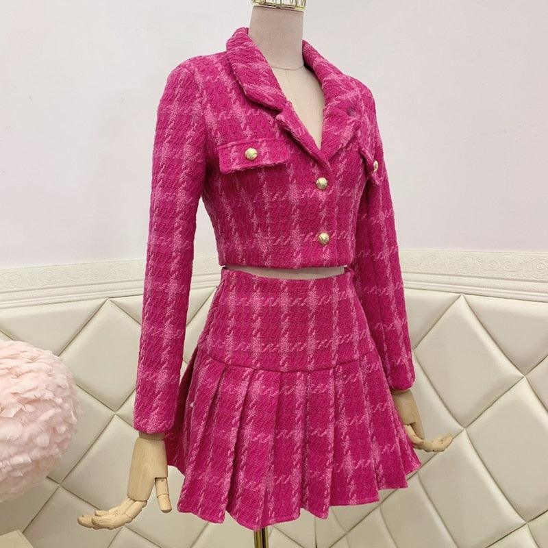 Vintage Woolen Tweed Jacket Coat and Mini Skirts Set.