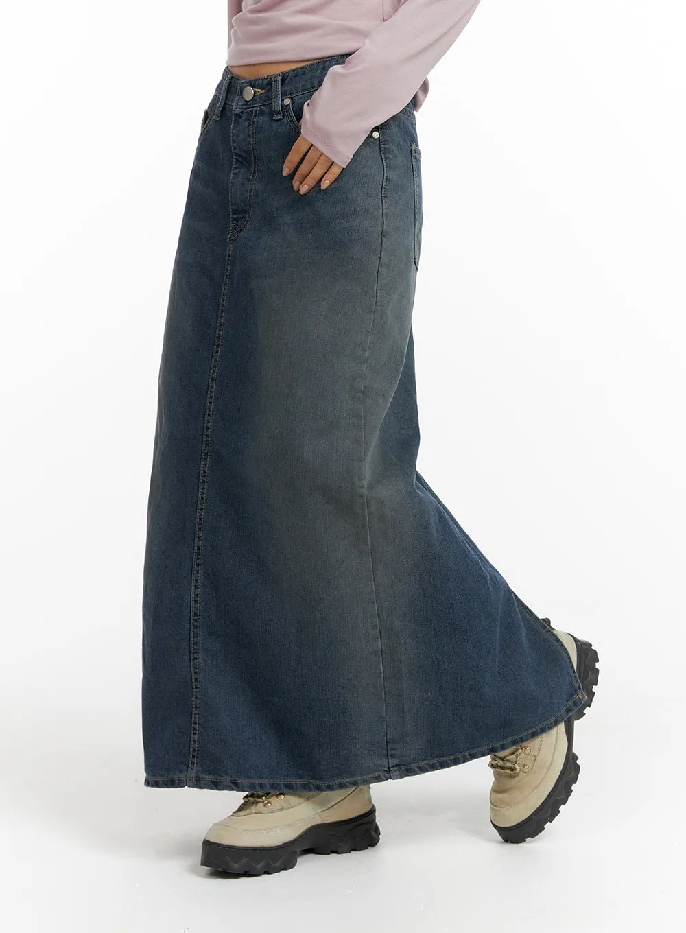 Denim Maxi Skirt - Washed Blue - CF419