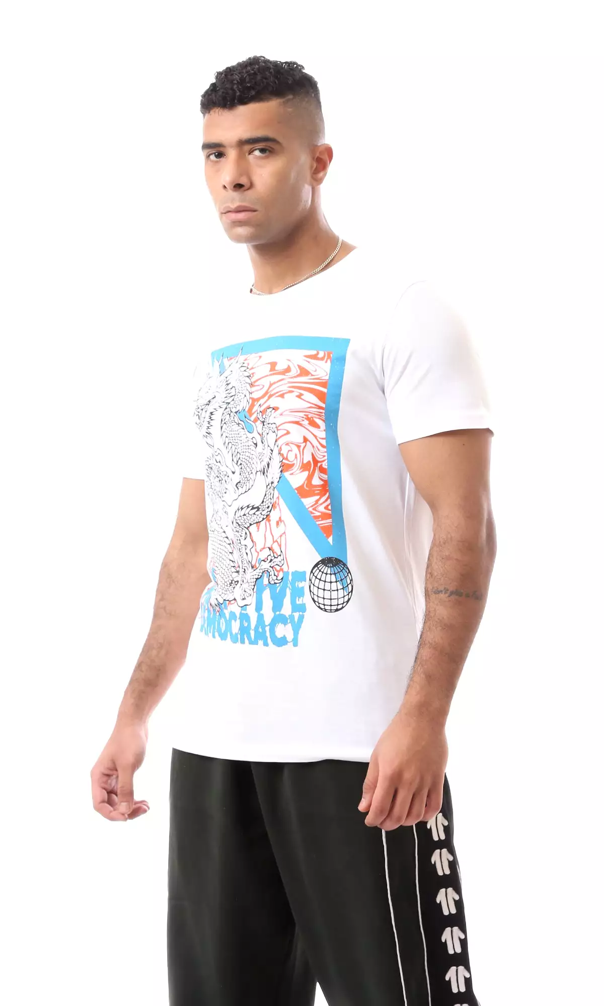 White Dragon T-Shirt - Casual Slip On with Printed Pattern