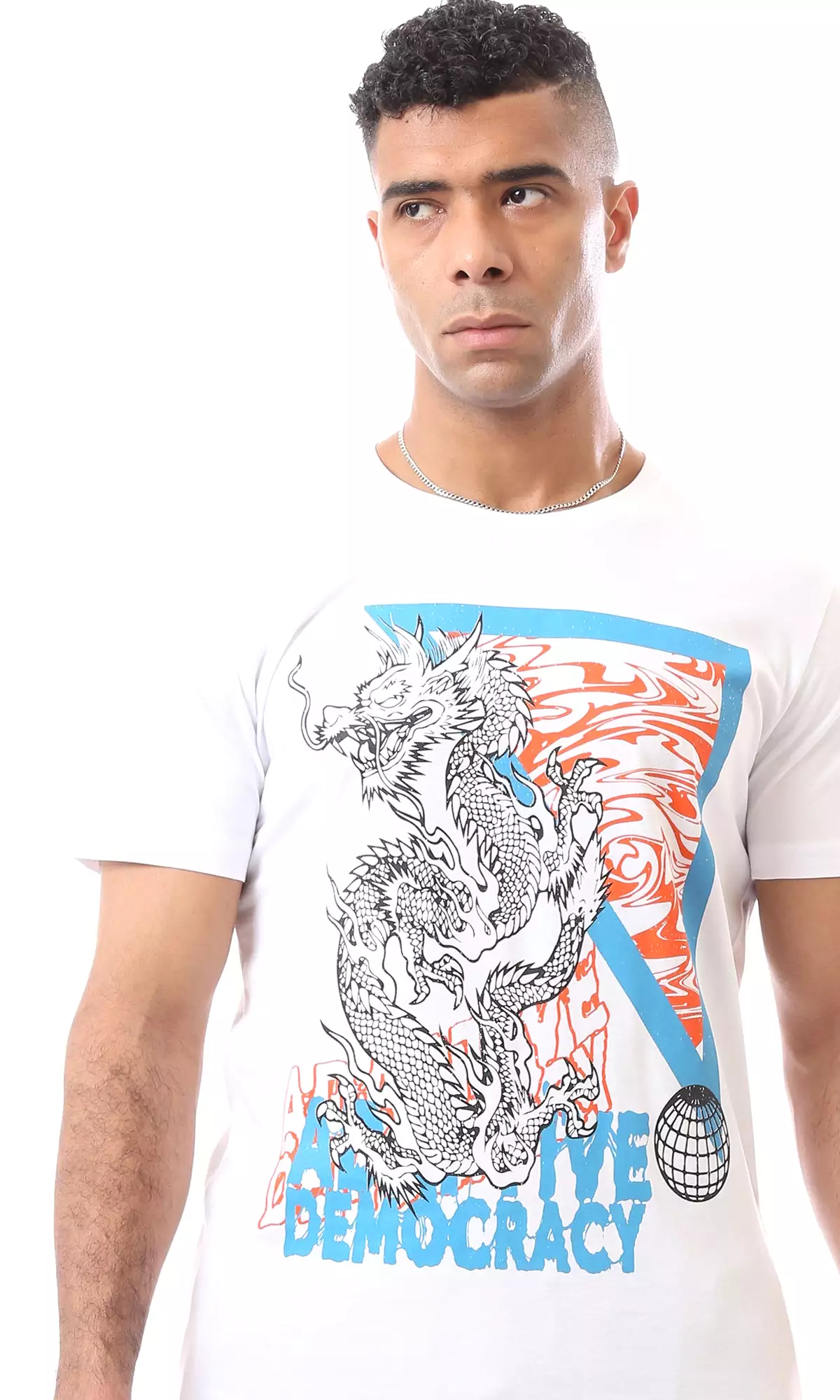 White Dragon T-Shirt - Casual Slip On with Printed Pattern