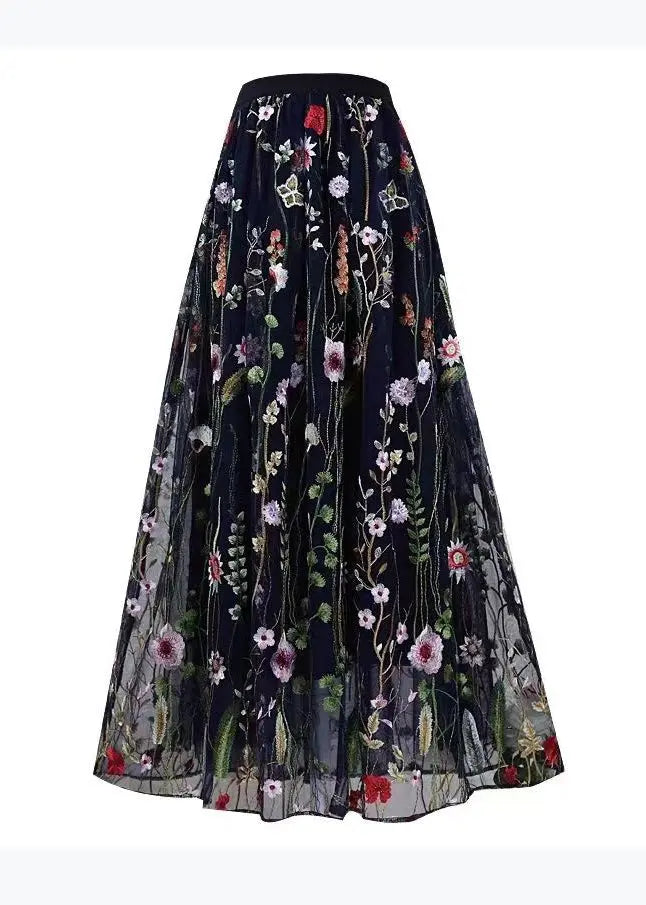 Women High Waist Tulle Skirts Spring - Black Embroidered HA1015