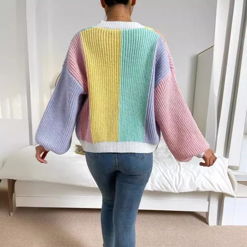 Women's Color Block Cardigan Sweater - Long Sleeve Sweaters & Cardigans for Streetwear