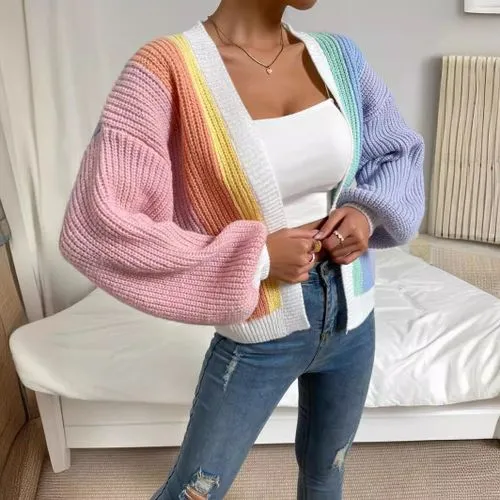 Women's Color Block Cardigan Sweater - Long Sleeve Sweaters & Cardigans for Streetwear