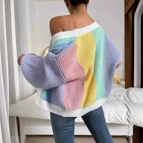 Women's Color Block Cardigan Sweater - Long Sleeve Sweaters & Cardigans for Streetwear