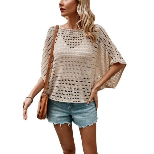 Women's Half Sleeve T-Shirts Hollow Out Knitwear - Streetwear Solid Color