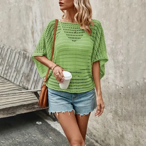 Women's Half Sleeve T-Shirts Hollow Out Knitwear - Streetwear Solid Color