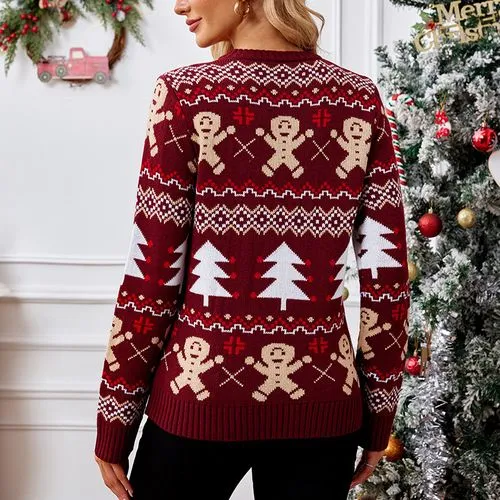 Women's Jacquard Christmas Tree Gingerbread Sweater - Long Sleeve Sweater & Cardigan