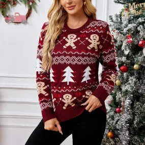 Women's Jacquard Christmas Tree Gingerbread Sweater - Long Sleeve Sweater & Cardigan