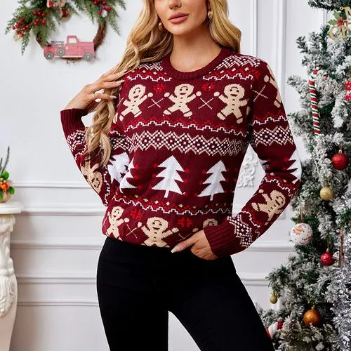 Women's Jacquard Christmas Tree Gingerbread Sweater - Long Sleeve Sweater & Cardigan