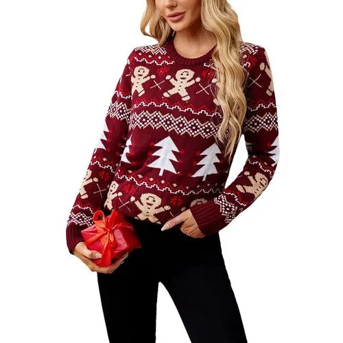 Women's Jacquard Christmas Tree Gingerbread Sweater - Long Sleeve Sweater & Cardigan