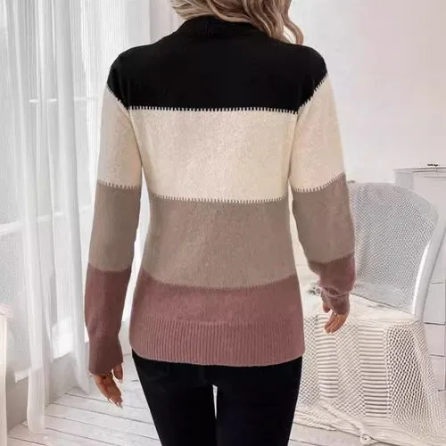 Women's Long Sleeve Sweater Cardigan - Elegant Streetwear with Contrast Binding and Color Block