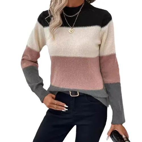 Women's Long Sleeve Sweater Cardigan - Elegant Streetwear with Contrast Binding and Color Block