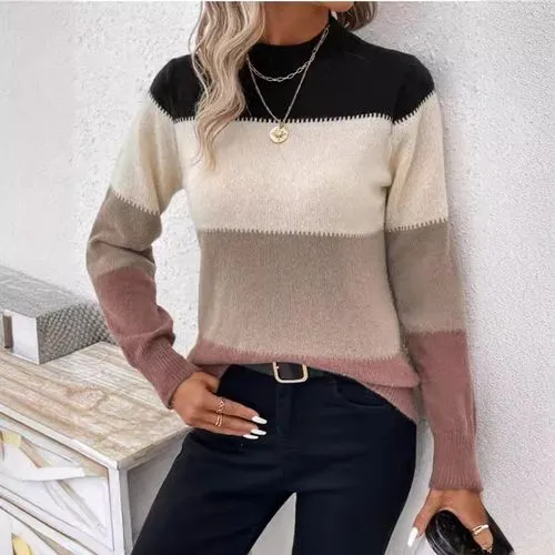 Women's Long Sleeve Sweater Cardigan - Elegant Streetwear with Contrast Binding and Color Block