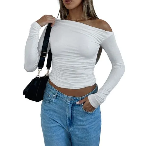 Women's Long Sleeve T-shirts with Pleated Sexy Solid Color