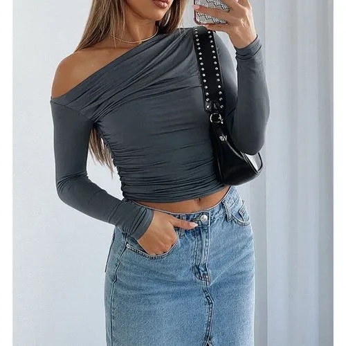 Women's Long Sleeve T-shirts with Pleated Sexy Solid Color