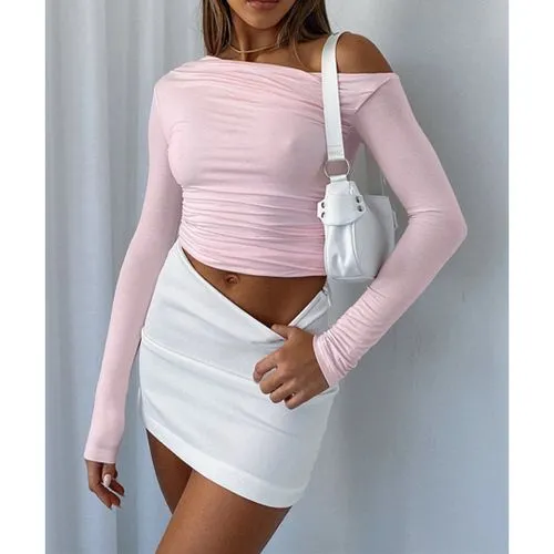 Women's Long Sleeve T-shirts with Pleated Sexy Solid Color