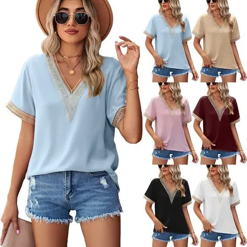 Women's Patchwork Solid Color Short Sleeve T-shirts